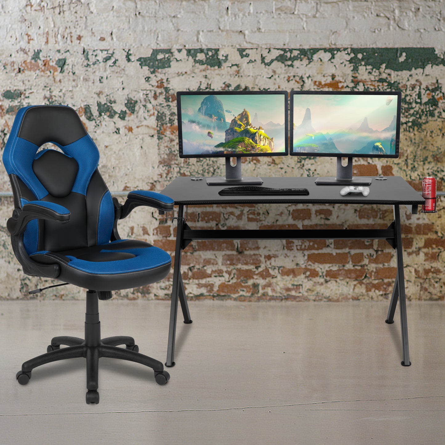 Gaming Desk with Blue Racing Chair Bundle
