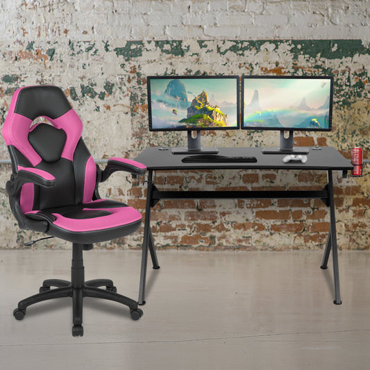 Gaming Desk with Pink Racing Chair Bundle